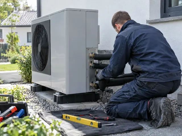 Installateur schließt eine Luft-Wasser-Wärmepumpe an